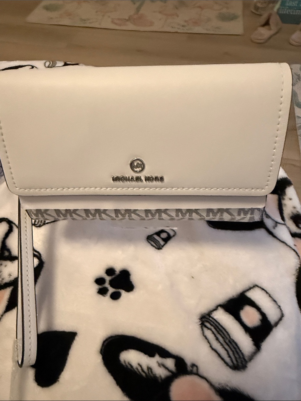Michael Kors Cream Leather Wristlet Wallet with Silver Logo